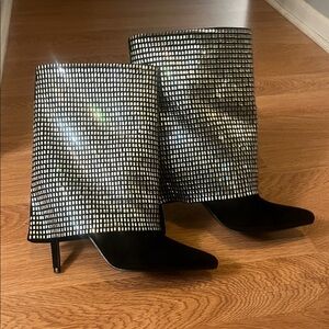 Fashion Nova Black and Silver Heeled Boots